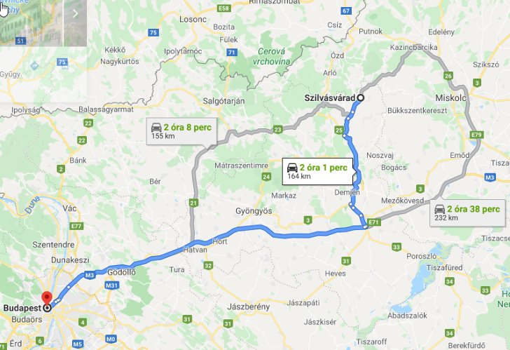 Szilvásvárad Budapest távolság térképe autóval