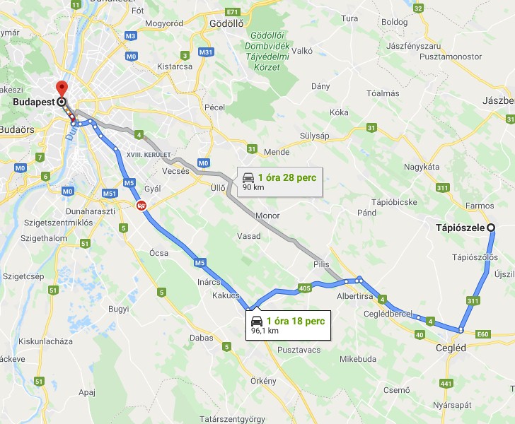 Tápiószele Budapest távolság térképe autóval
