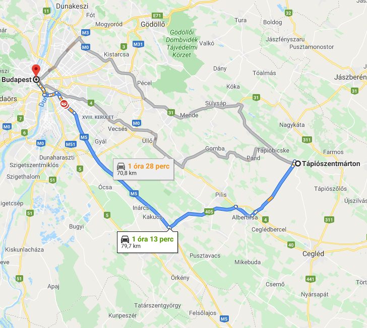 Tápiószentmárton Budapest távolság térképe autóval