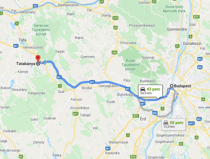 Tatabánya Budapest távolsága térképen autós úton