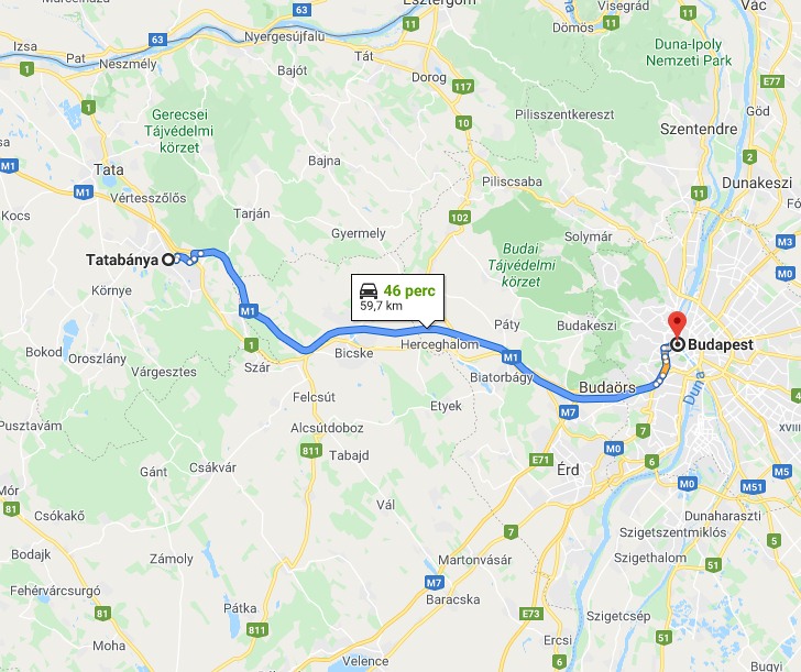 Tatabánya Budapest távolság térképe autóval