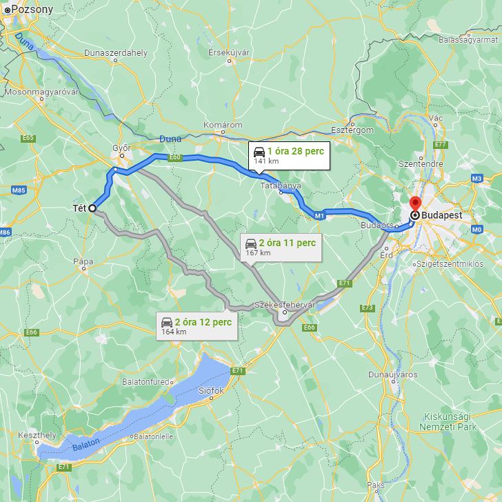 Tét Budapest távolság térképe autóval