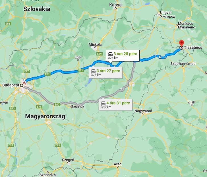 Tiszabecs Budapest távolság térképe autóval