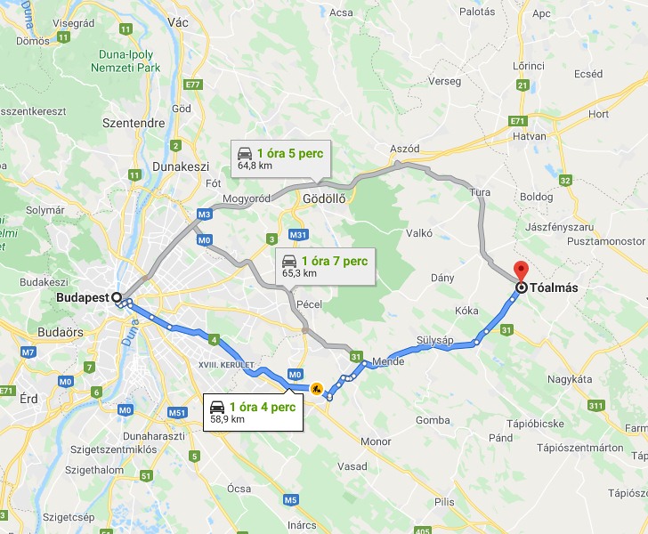 Tóalmás Budapest távolság térképe autóval