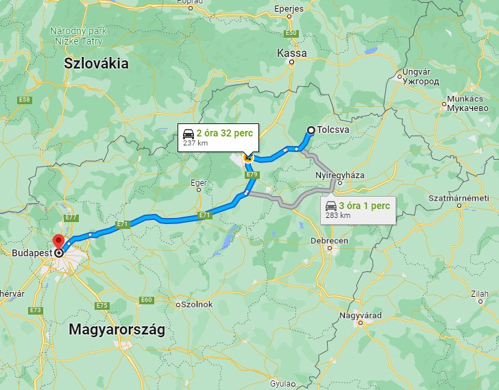 Tolcsva Budapest távolság térképe autóval