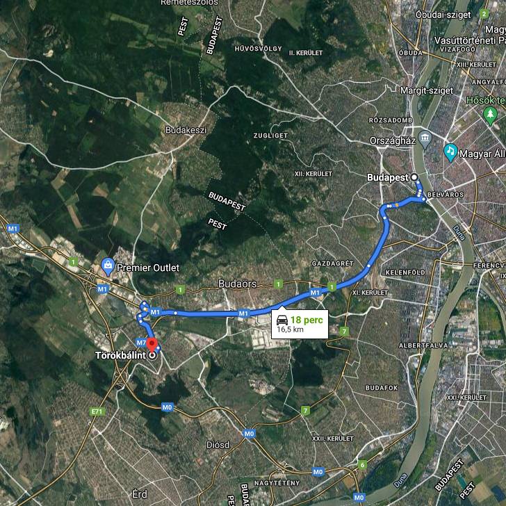 Törökbálint Budapest távolság térképe autóval