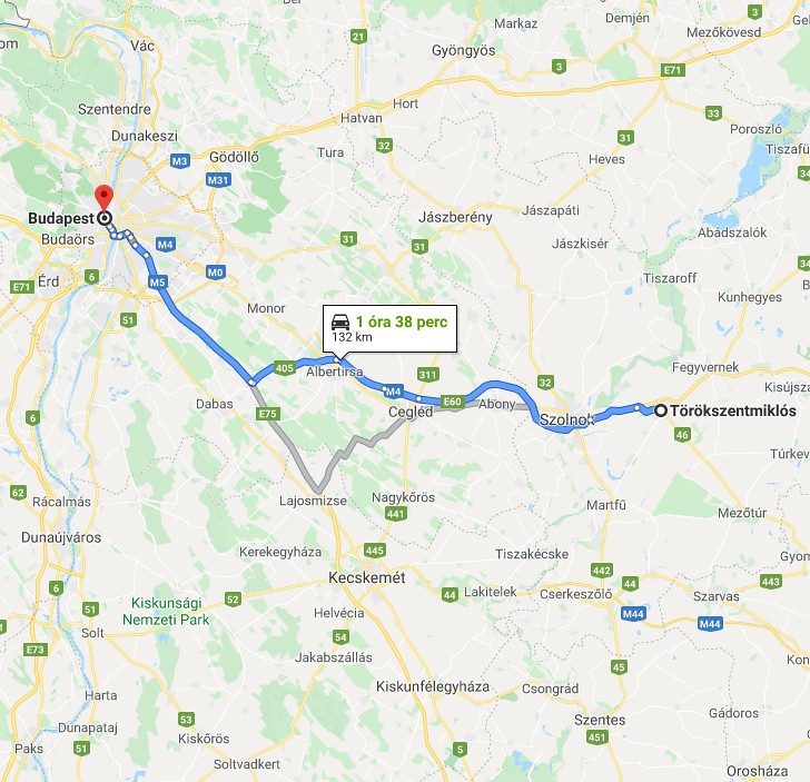 Törökszentmiklós Budapest távolság térképe autóval