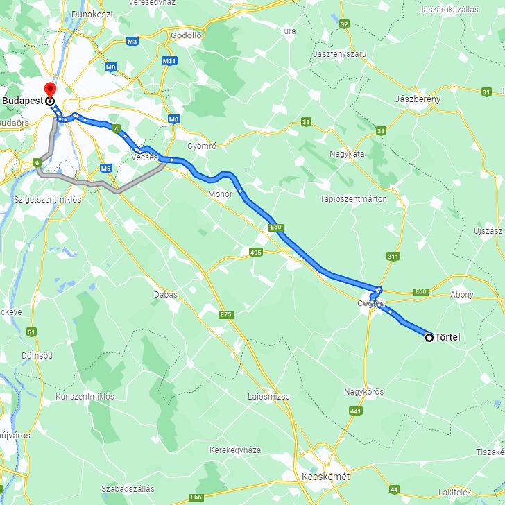 Törtel Budapest távolság térképe autóval