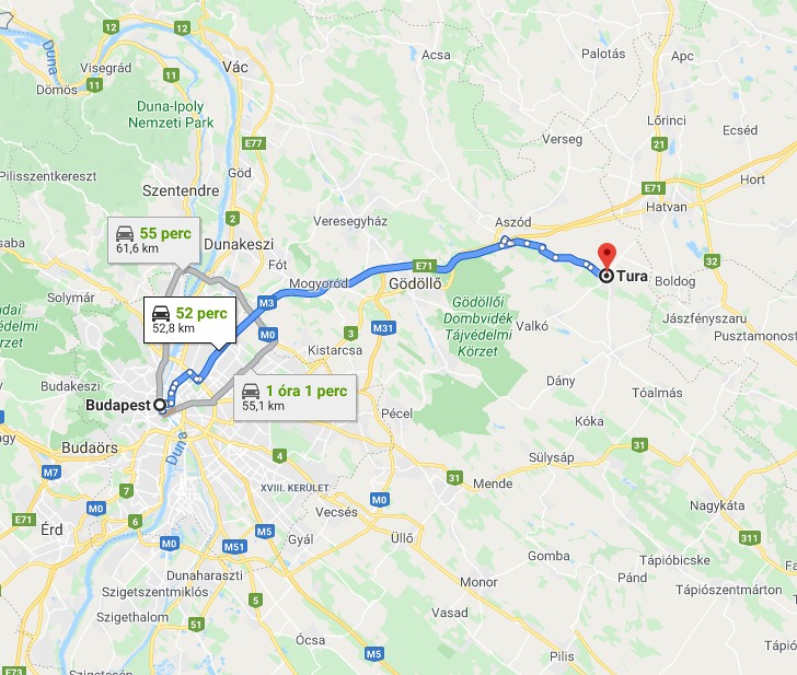 Tura Budapest távolság térképe autóval