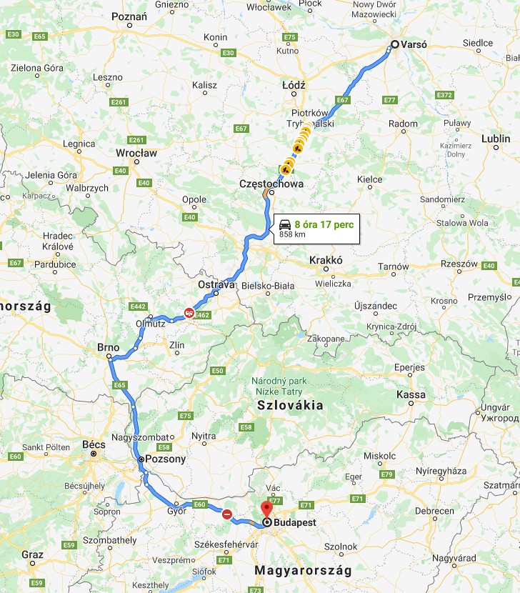 Varsó Budapest távolság térképe autóval