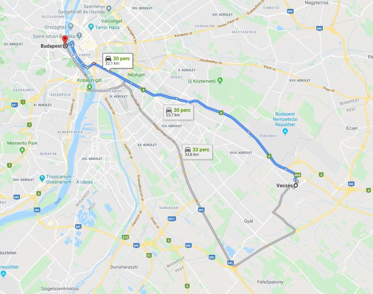 Vecsés Budapest távolság térképe autóval