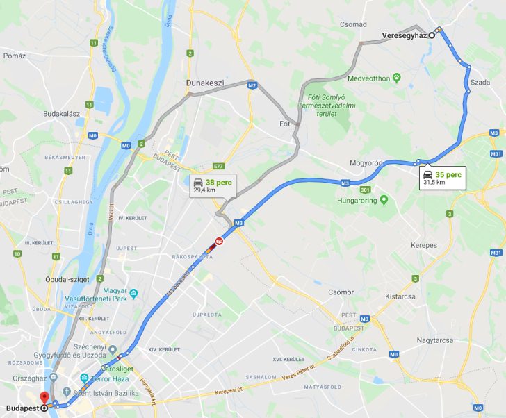Veresegyház Budapest távolság térképe autóval