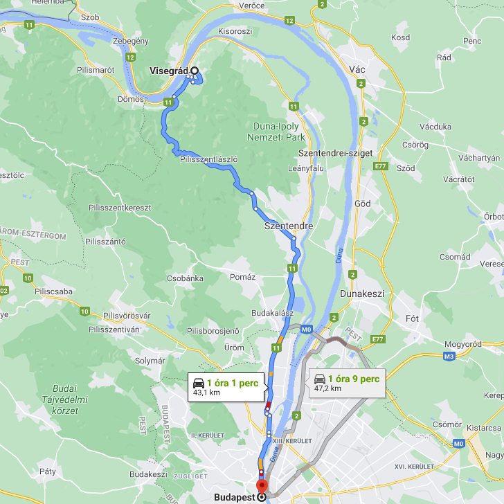 Visegrád Budapest távolság térképe autóval