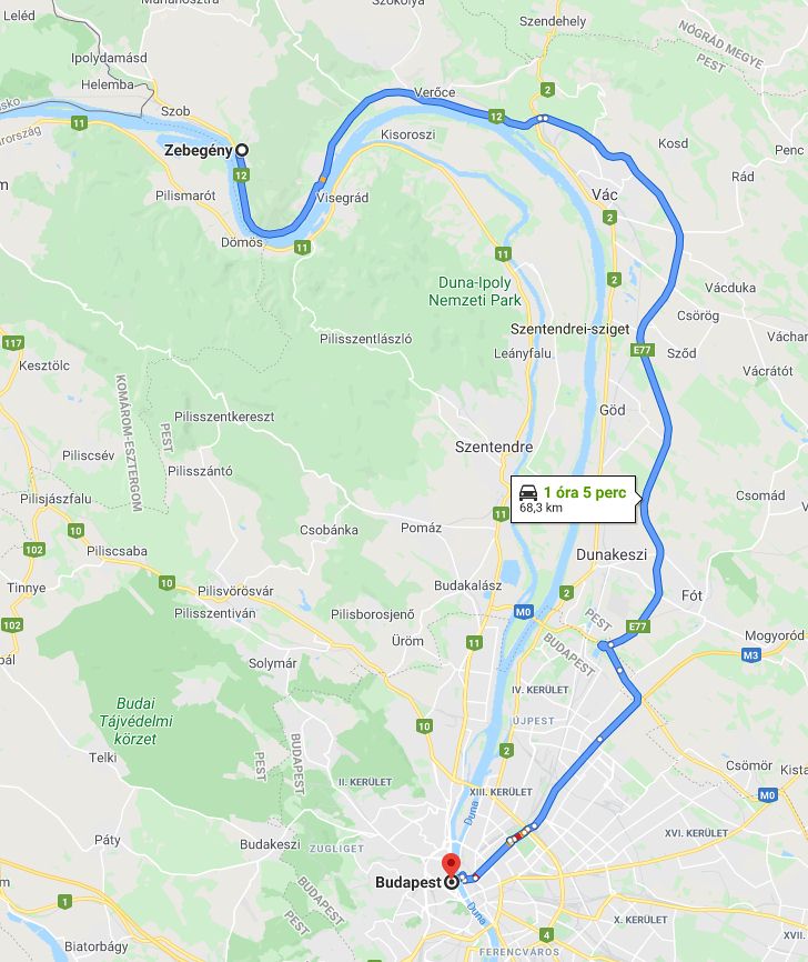 Zebegény Budapest távolság térképe autóval