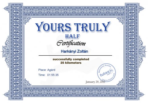 Yours Truly Hungary futás oklevél Harkányi Zoltán futónak