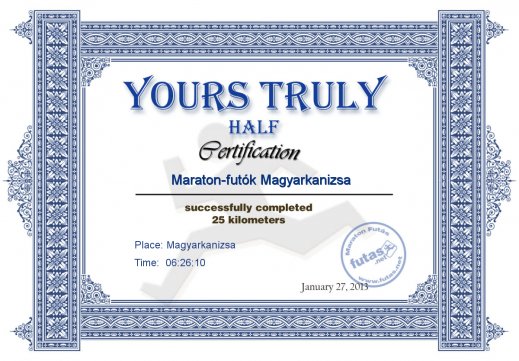 Yours Truly Hungary futás oklevél Maraton-futók Magyarkanizsa futónak
