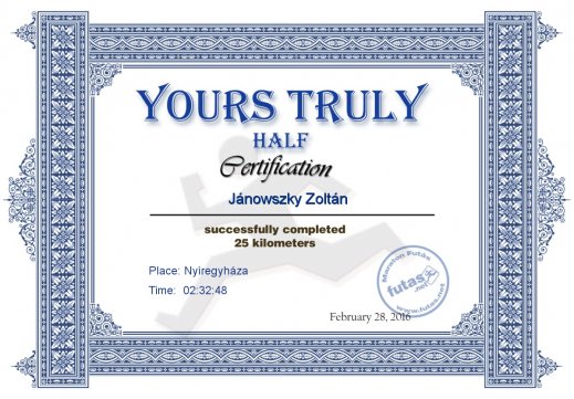Yours Truly Hungary futás oklevél Jánowszky Zoltán futónak