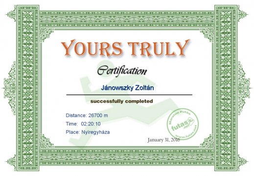 Yours Truly Hungary futás oklevél Jánowszky Zoltán futónak