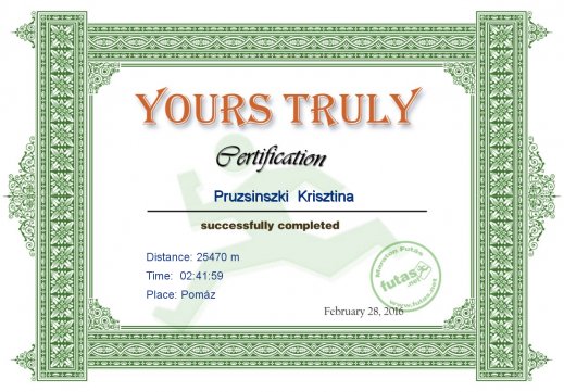 Yours Truly Hungary futás oklevél Pruzsinszki  Krisztina futónak