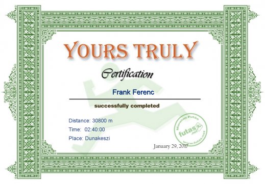 Yours Truly Hungary futás oklevél Frank Ferenc futónak