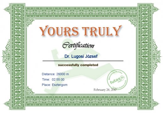 Yours Truly Hungary futás oklevél Dr. Lugosi József futónak