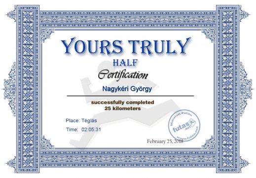 Yours Truly Hungary futás oklevél Nagykéri György futónak