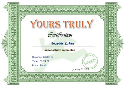 Yours Truly Hungary futás oklevél Hegedűs Zoltán futónak
