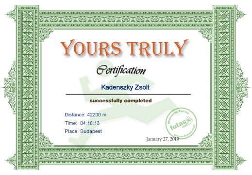 Yours Truly Hungary futás oklevél Kadenszky Zsolt futónak