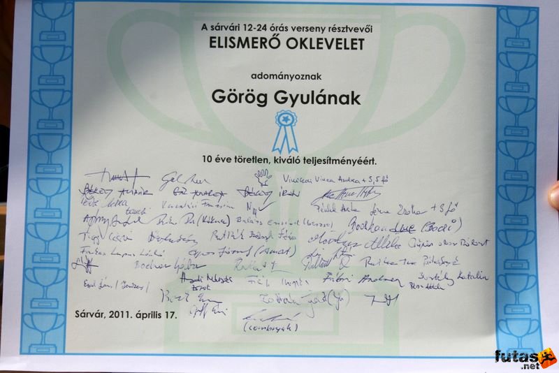 Ultrafutók Sárváron, Elismerő Oklevél Görög Gyulának a 10 éve töretlen kiváló teljesítményéért
