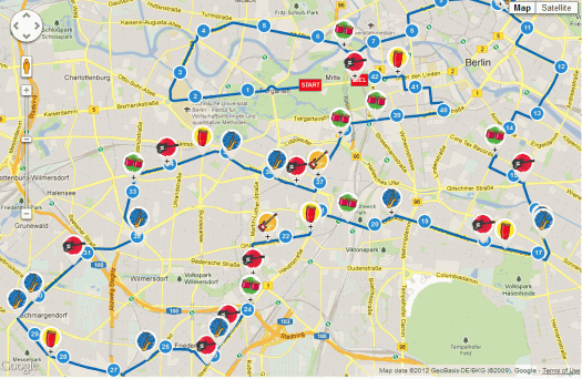Berlin Marathon útvonala térképen a frissítő állomások és a zenészek  2012