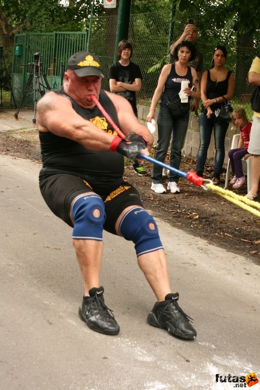 Nick Árpád Guiness rekorder fogával húzza el a bringóhintókat,, bringtóhintók elhúzása Nick Árpád