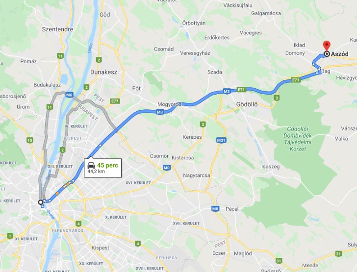 Aszód Budapest távolsága térképen autós úton