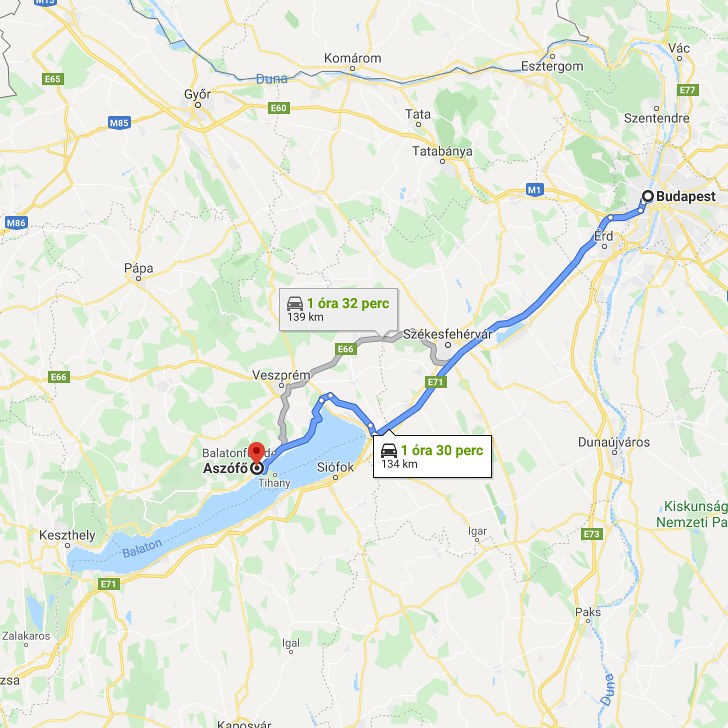 Aszófő Budapest távolsága térképen autós úton