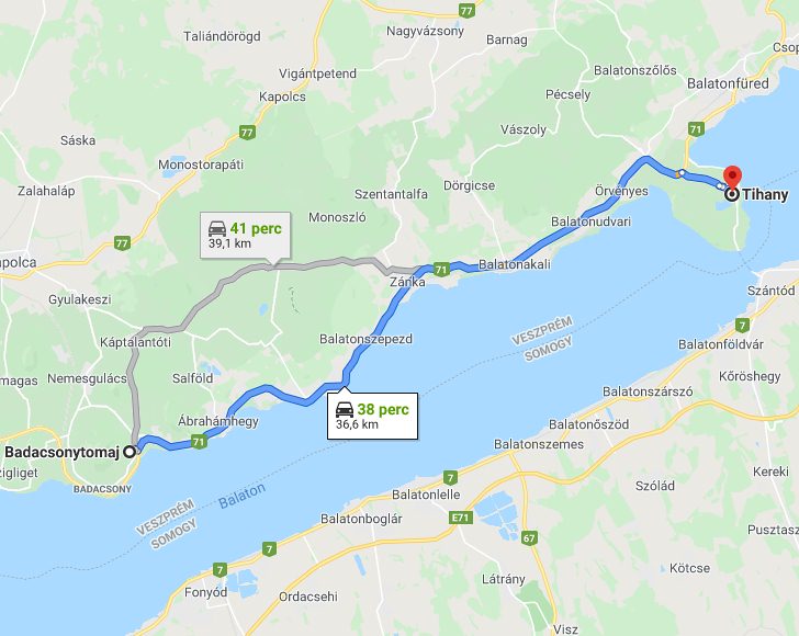 Badacsonytomaj Tihany távolság térképe autóval