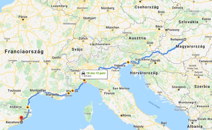 Barcelona Budapest távolsága térképen autós úton