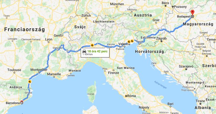 Barcelona Budapest távolság térképe autóval