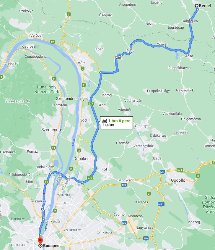 Bercel Budapest távolsága térképen autós úton
