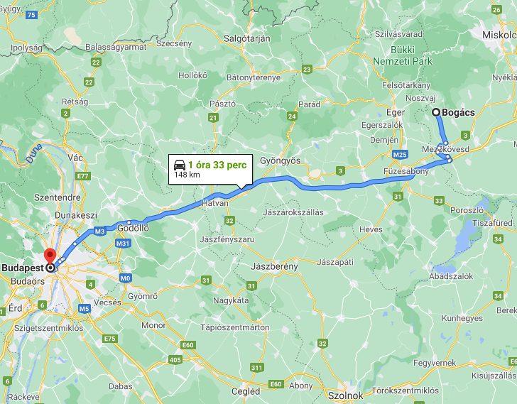 Bogács Budapest távolsága térképen autós úton
