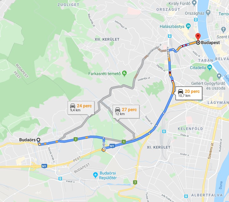 Budaörs Budapest távolság térképe autóval