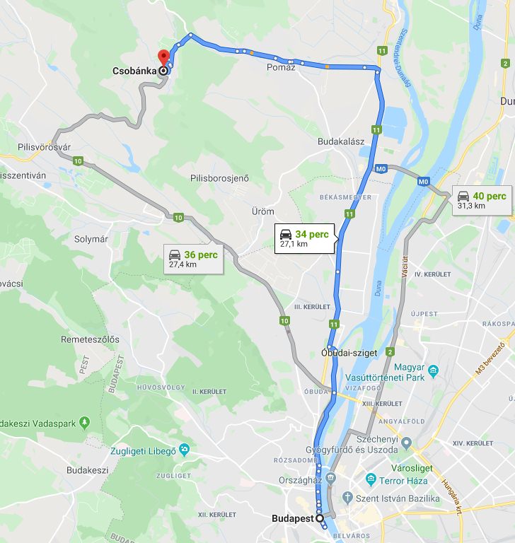 Csobánka Budapest távolság térképe autóval