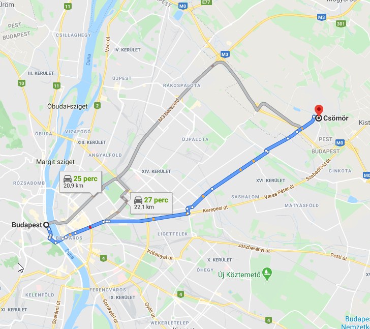 Csömör Budapest távolság térképe autóval