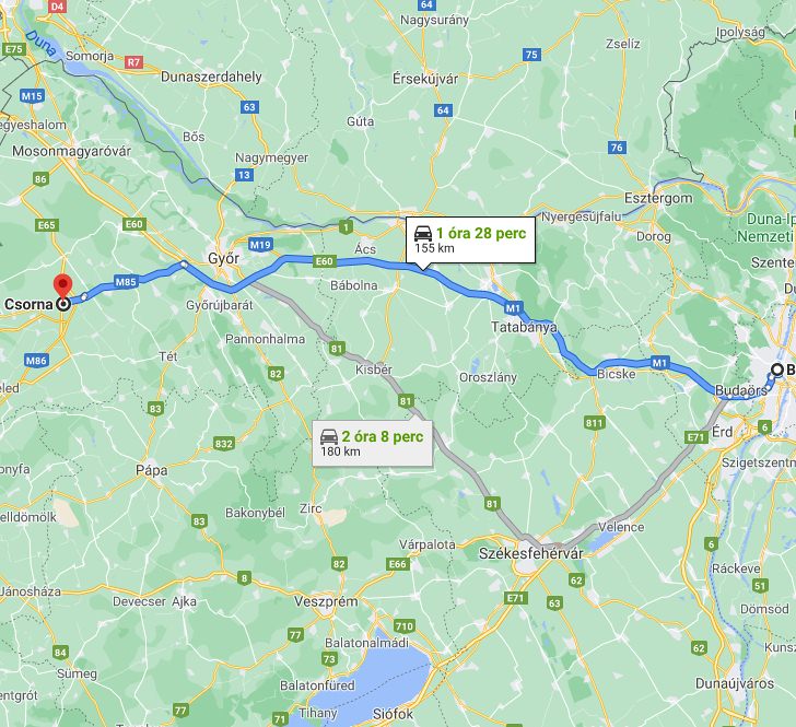 Csorna Budapest távolsága térképen autós úton