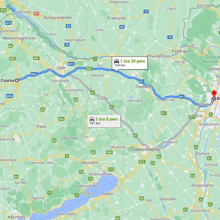 Csorna Budapest távolság térképe autóval
