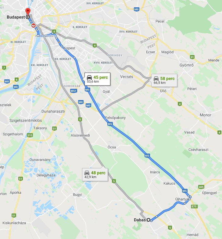Dabas Budapest távolság térképe autóval
