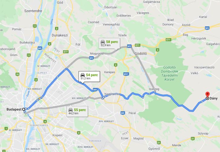 Dány Budapest távolsága térképen autós úton