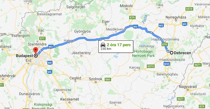 Debrecen Budapest távolsága térképen autós úton