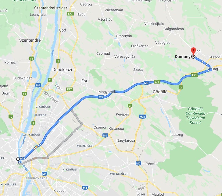Domony Budapest távolsága térképen autós úton