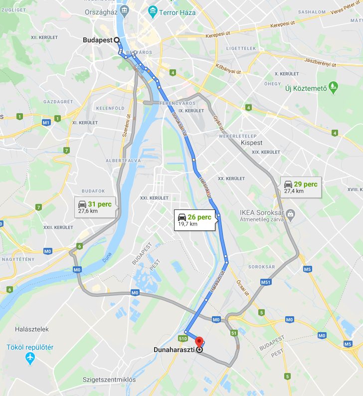 Dunaharaszti Budapest távolság térképe autóval
