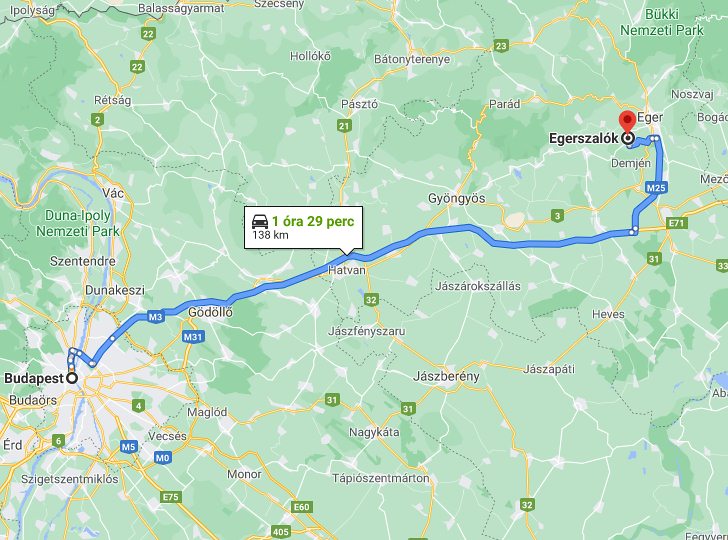 Egerszalók Budapest távolság térképe autóval