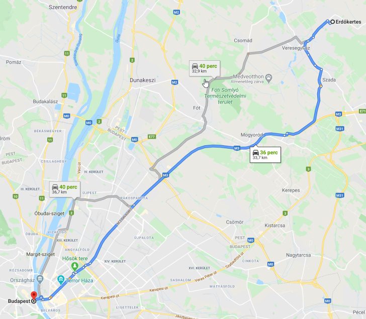 Erdőkertes Budapest távolság térképe autóval